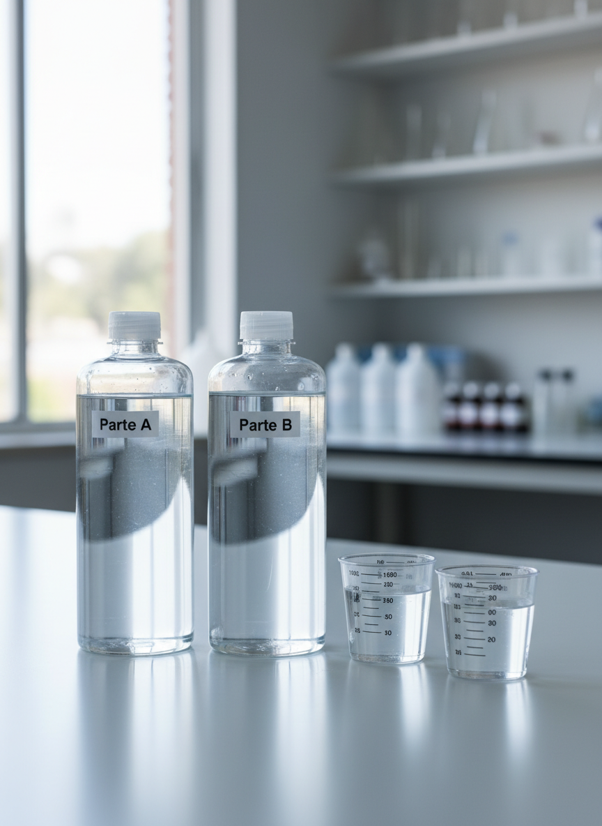 A close-up, photographic realism shot of two transparent epoxy resin containers labeled “Parte A” and “Parte B”, with crystal-clear liquid and slightly different viscosities, standing on a spotless white workbench. Next to them, precision plastic measuring cups with engraved milliliter marks show freshly mixed resin, perfectly degassed and bubble-free. Soft, diffused daylight from a nearby window creates gentle reflections on the glossy surfaces and subtle shadows behind the containers. In the blurred background, neatly arranged shelves with organized chemical supplies hint at a professional Chilean warehouse. Captured at eye level with a shallow depth of field, the mood is clean, technical, and trustworthy, ideal for a professional epoxy supplier’s homepage banner.