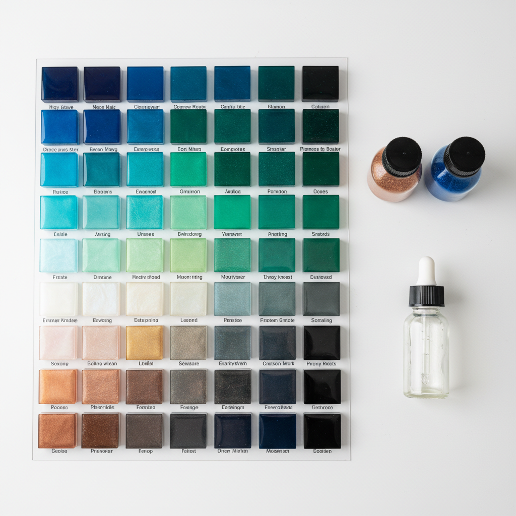 A photographic realism top-down image of a color chart for epoxy resin pigments and dyes, laid out on a white technical desk. Dozens of small, labeled resin samples form a grid, each a different saturated hue: deep ocean blues, emerald greens, metallic coppers, pearlescent whites, smoky grays. The cured resin squares have smooth, glossy surfaces that catch soft overhead light, creating gentle highlights. Beside the chart rest two small pigment jars and a clear resin dropper bottle, reinforcing the professional, chemical-supply context. The mood is precise and creative, ideal for helping customers choose colors. The composition uses clean lines and sharp focus for a modern, catalog-style presentation.