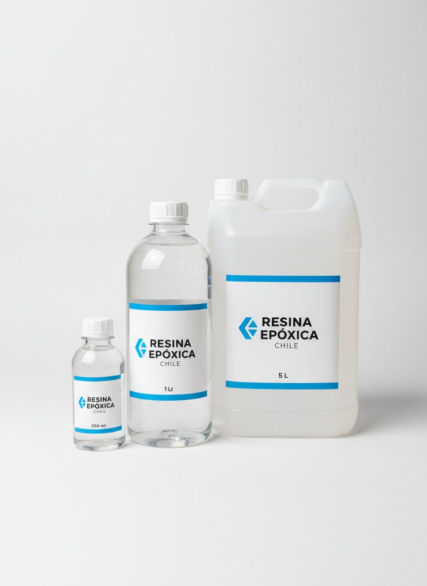 A clean, photographic realism image of different epoxy resin product formats arranged on a white seamless background, ideal for an online catalog. In the foreground, a small 250 ml test-size kit with minimalist labeling stands next to a 1-liter bottle and a larger 5-liter jerrycan, all consistently branded “Resina Epóxica Chile”. The transparent containers reveal the clear, slightly viscous liquid, with tiny light reflections indicating purity. Soft, even studio lighting eliminates harsh shadows, creating faint, well-controlled gradients under each container. The mood is modern, organized, and professional. Shot at a slightly elevated angle with sharp focus on all items, the composition clearly communicates variety in sizes for both trial and wholesale customers.