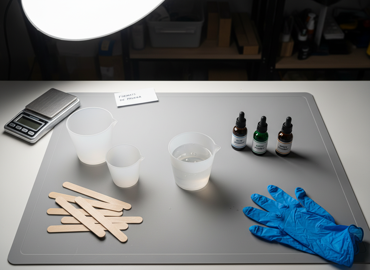 An overhead, photographic realism composition of a craftsman’s work table prepared for using epoxy resin. On a smooth, light gray protective mat lie silicone mixing cups, wooden stir sticks, precision digital scale, nitrile gloves, and small labeled bottles of color pigments in blue, green, and amber tones. At the center, a transparent cup of freshly mixed resin shows subtle swirling reflections. Soft studio lighting from above creates minimal shadows and clear visibility of every tool and texture. The mood is meticulous and instructional, ideal for explaining formats de prueba and proper mixing techniques. Background elements fade into a gentle blur to keep focus on the organized, professional setup for epoxy projects.