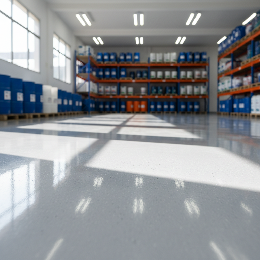 A photographic realism scene featuring a robust epoxy-coated industrial floor in a small Chilean warehouse bay. The floor has a seamless, high-gloss light gray finish with subtle specks, reflecting light from tall windows and overhead LED fixtures. Sturdy shelving units and neatly stored chemical containers line the edges, slightly out of focus, while the camera angle is low, near the floor, emphasizing the smooth, durable surface. Soft reflections of the shelving and containers appear in the coating, demonstrating its protective and aesthetic qualities. The atmosphere is professional and efficient, with a clean, organized layout, ideal for showcasing epoxy resin solutions for industrial and commercial flooring.