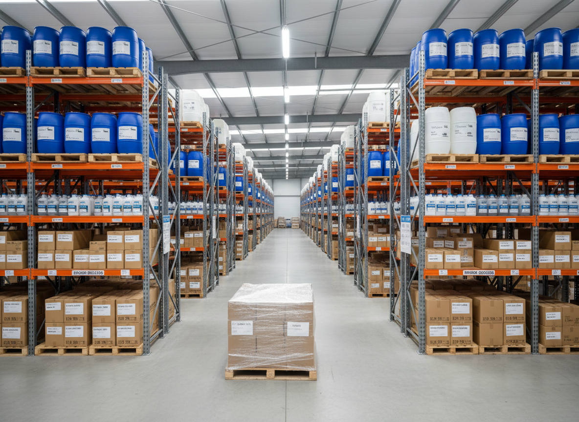 A wide, photographic realism view of a modern industrial warehouse in Chile filled with neatly stacked cardboard boxes labeled “Resina Epóxica”, “Endurecedor” and “Insumos Químicos”. Large blue plastic drums and smaller test-size bottles are organized on metal racks, each with crisp, clearly printed labels. Cool, even LED ceiling lights cast consistent illumination, revealing the orderly aisles and polished concrete floor with soft reflections. In the foreground, a pallet wrapped in clear plastic is ready for dispatch, suggesting daily nationwide shipping. Shot from a slightly elevated angle with sharp focus throughout, the composition feels efficient, professional, and reliable, emphasizing wholesale availability and logistical capacity for epoxy resin products.