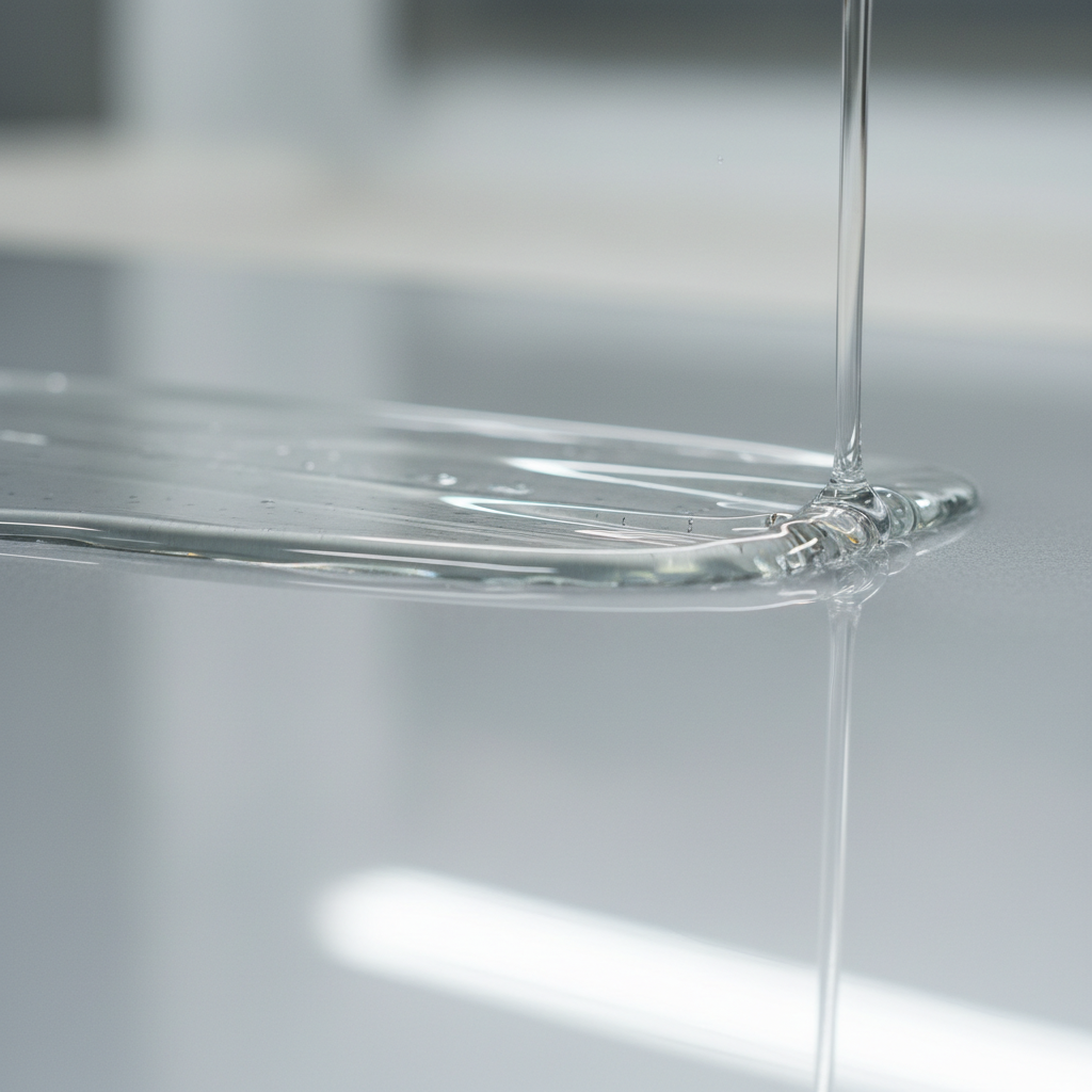 A close, photographic realism macro shot of freshly poured epoxy resin self-leveling over a smooth panel. The clear liquid flows slowly, forming a flawless glassy surface with subtle ripples and a mirror-like reflection of softly diffused overhead lights. Tiny air bubbles are barely visible, illustrating high quality and proper mixing. The background dissolves into a creamy blur, keeping all attention on the resin’s clarity and viscosity. The lighting is cool and clinical, evoking laboratory precision. Captured from a very low angle along the surface plane, the image feels dynamic and technical, ideal for communicating performance, transparency, and premium characteristics of epoxy resin for floors, coatings, or encapsulation.