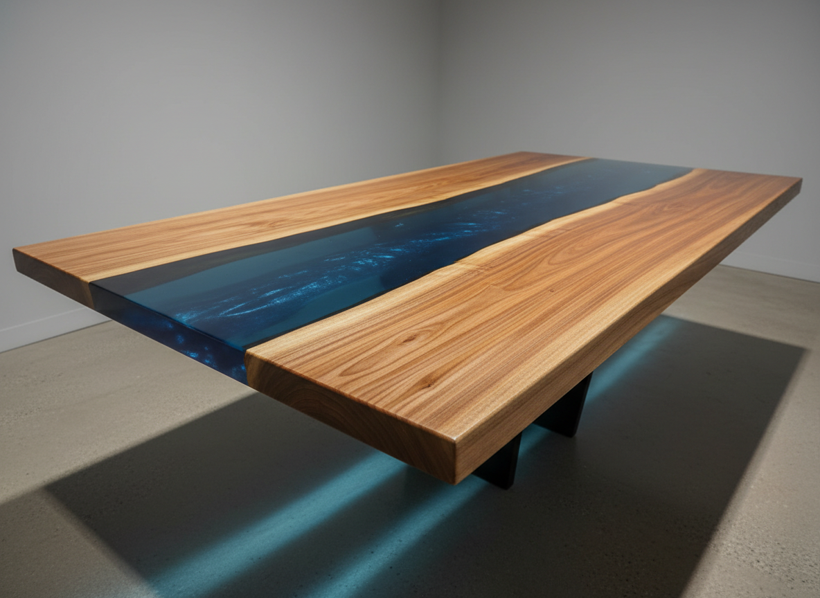 A detailed, photographic realism shot of a finished epoxy river table showcasing the potential of high-quality resin. A thick slab of warm-toned Chilean wood features a central translucent “river” of deep ocean-blue epoxy with sparkling depth and glass-like gloss. The table rests in a neutral, modern showroom environment with a simple concrete floor and plain light gray wall. Soft directional lighting from the upper left creates elegant highlights along the epoxy surface and wood grain, with gentle shadows under the table. Captured from a low, three-quarter angle, the composition emphasizes surface clarity, edge definition, and premium finish, conveying a professional, aspirational mood for customers seeking top-tier resin results.